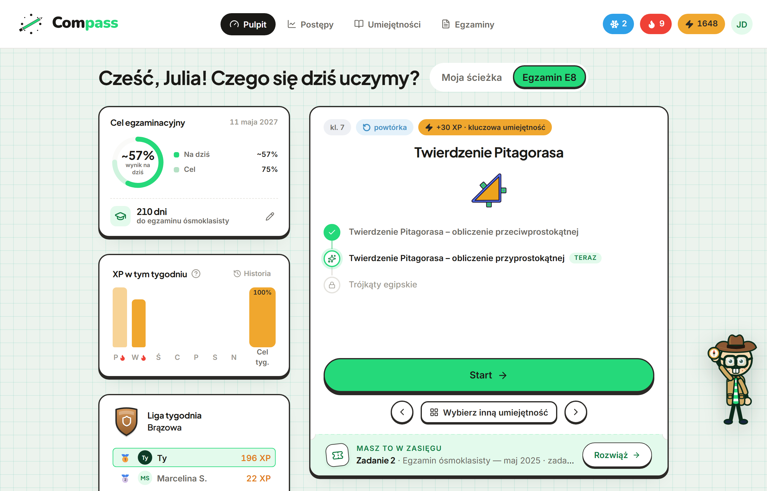 Pulpit ucznia w trybie Egzamin E8: karta „Cel egzaminacyjny” z wynikiem na dziś obok celu 75% i odliczaniem dni do egzaminu, następna lekcja Twierdzenie Pitagorasa z 7 klasy, XP w tym tygodniu i zadanie z arkusza CKE „Masz to w zasięgu”