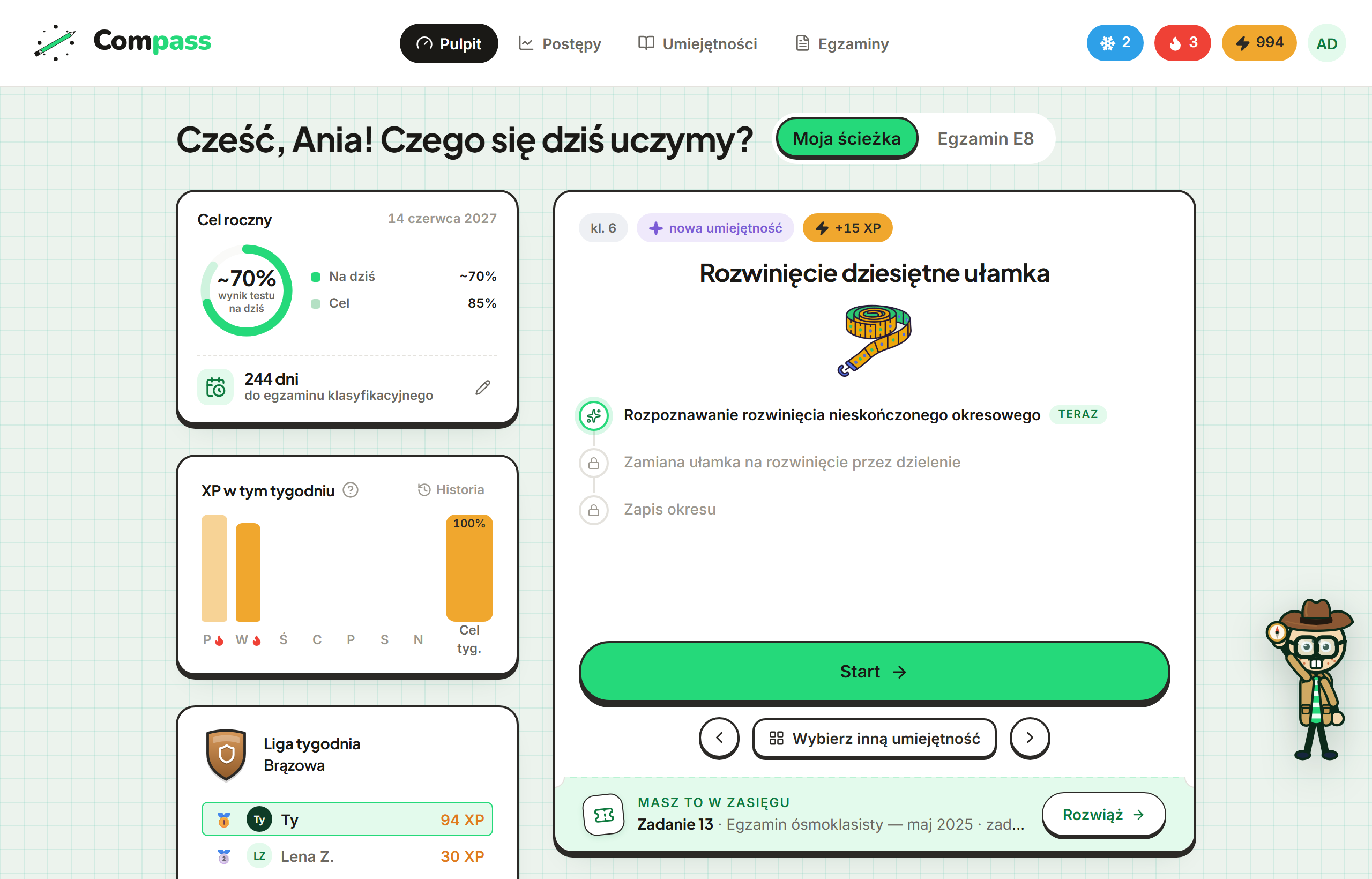 Pulpit uczennicy klasy 6 w edukacji domowej: karta „Cel roczny” z wynikiem testu na dziś obok celu 85% i odliczaniem dni do egzaminu klasyfikacyjnego, następna lekcja Rozwinięcie dziesiętne ułamka i XP w tym tygodniu