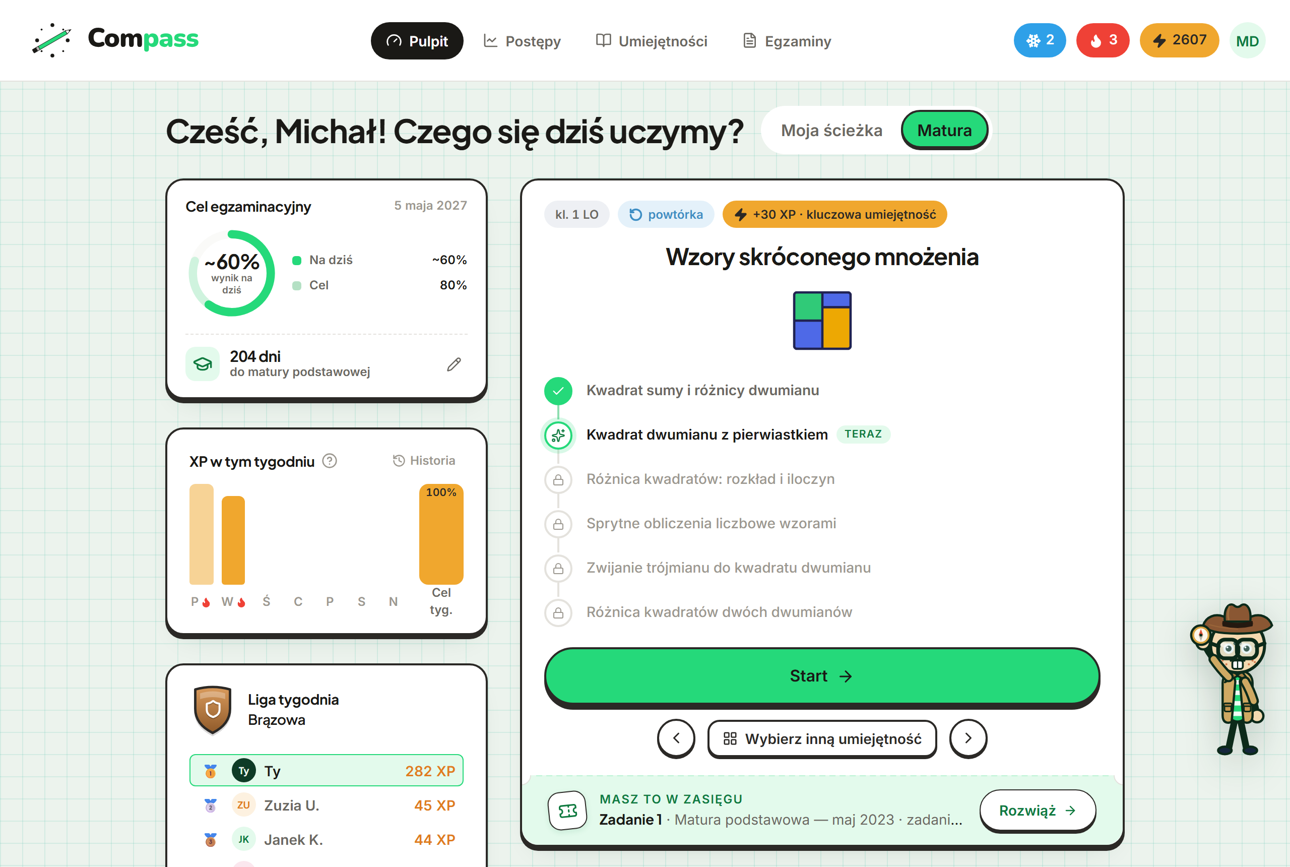 Pulpit maturzysty w trybie Matura: karta „Cel egzaminacyjny” z wynikiem na dziś obok celu 80% i odliczaniem dni do matury, następna lekcja Wzory skróconego mnożenia z 1 klasy liceum, XP w tym tygodniu i zadanie z matury „Masz to w zasięgu”