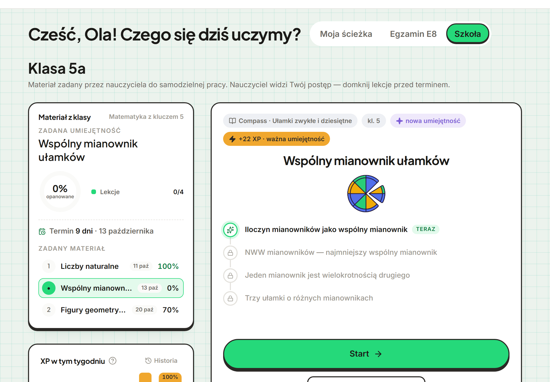 Pulpit ucznia w trybie Szkoła: materiał klasy 5a z podręcznika Matematyka z kluczem 5, termin za 9 dni, zadany dział z postępem i karta lekcji „Wspólny mianownik ułamków” z przyciskiem Start